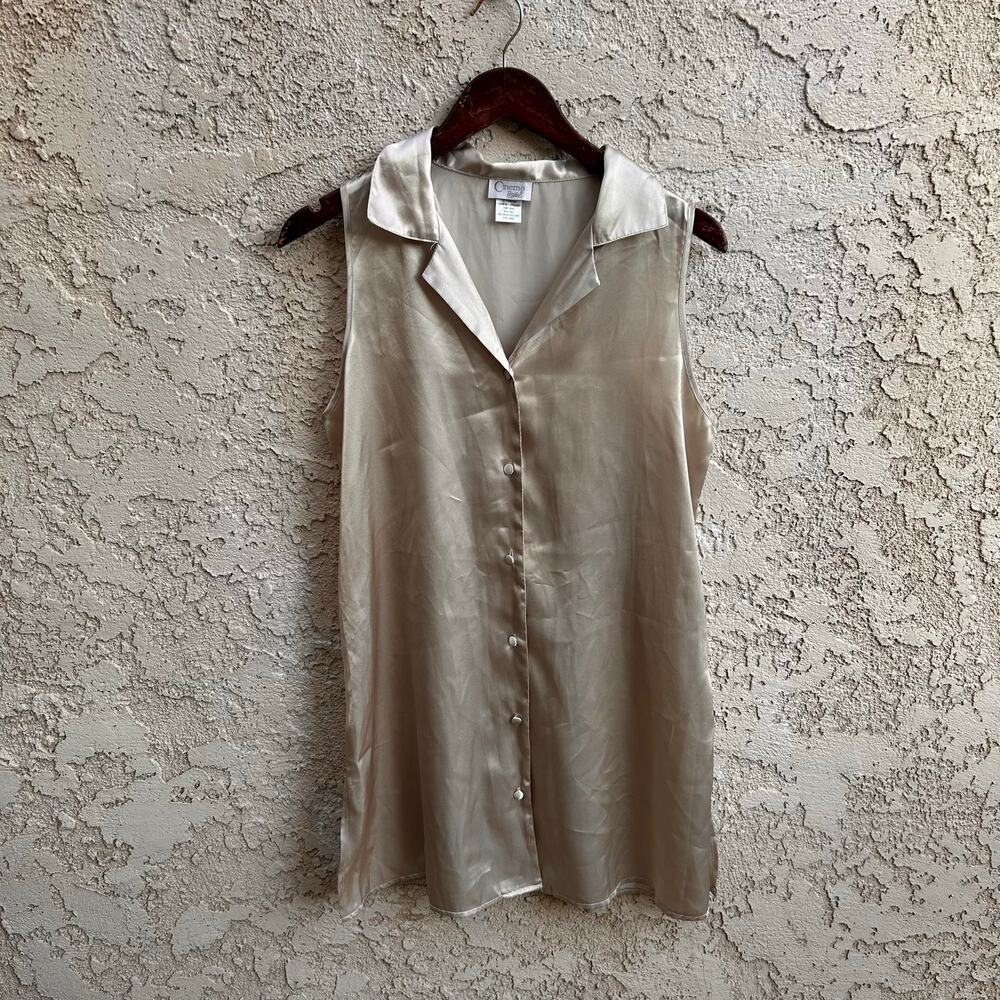 Vintage Cinema Etoile Champagne Satin Sleeveless Tuxedo Blouse Medium